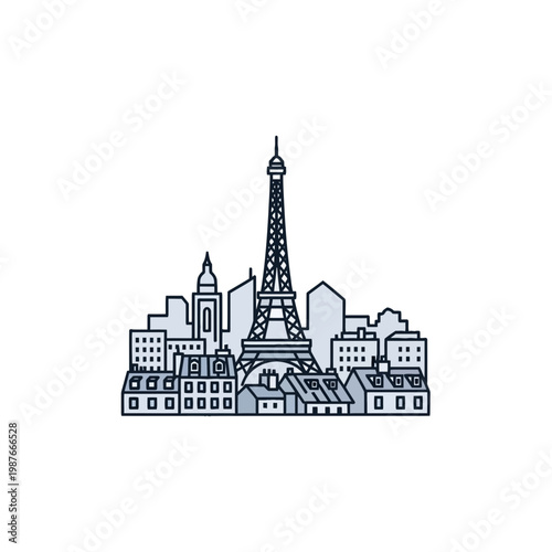 Paris City Skyline Vector Illustration with Eiffel Tower