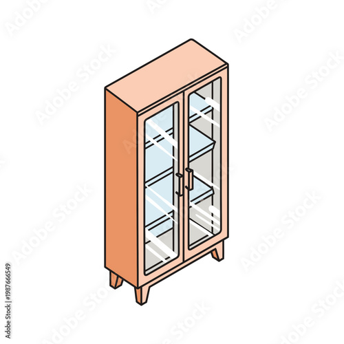 Isometric Wooden Display Cabinet with Glass Doors Vector Illustration