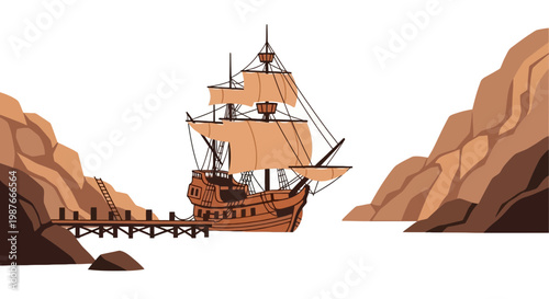 Vintage wooden sailing ship docked at pier between rocky cliffs