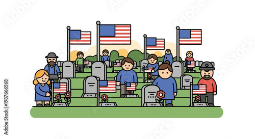 Memorial Day Vector Illustration of People Honoring Veterans at Cemetery