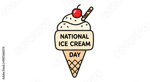 National Ice Cream Day Illustration with Cherry and Wafer Stick