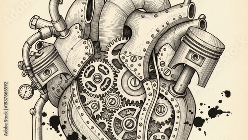 Detailed steampunk illustration of a mechanical heart.