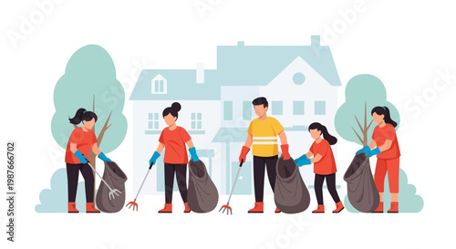 Community volunteers cleaning up neighborhood park vector illustration
