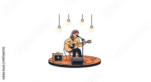 Female musician singing and playing acoustic guitar on stage