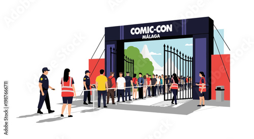 People Queue at Comic-Con Malaga Entrance Vector Illustration