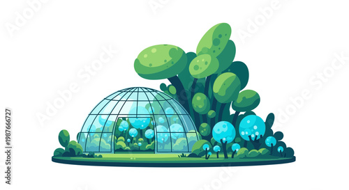 Futuristic Glass Biosphere with Stylized Green and Blue Plants Vector