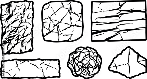 Black and white crumpled paper texture vector art collection with various shapes