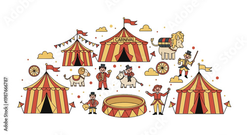 Vintage Circus Carnival Illustration with Tents and Performers