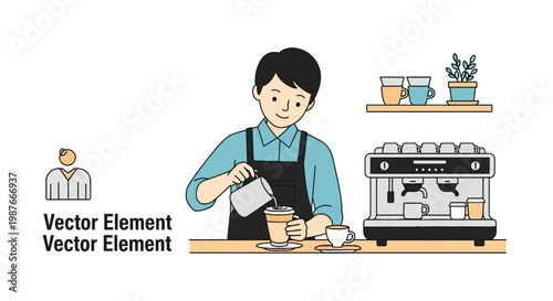 Male Barista Pouring Milk Into Coffee Cup Vector Illustration