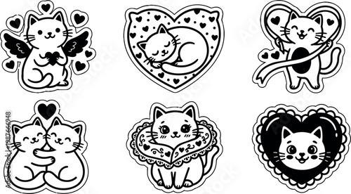 Black and white love heart cats with wings ribbon and hugs vector art