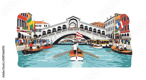Rialto Bridge Venice Italy Vector Illustration with Gondolas