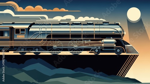 Stylized illustration of a modern train at sunset.