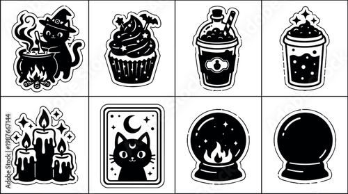 Black and white mystical cat with witch hat stirring cauldron and magical icons vector art