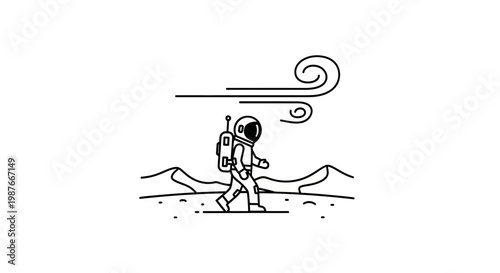 Minimalist Line Art Astronaut Walking on Alien Planet Surface