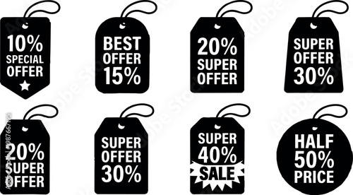 Black and white discount price tags with special best super sale offers in vector art
