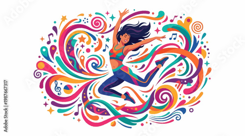 A vibrant vector illustration celebrating International Dance Day features a female dancer leaping with energetic flair amidst colorful, ornate swirls and musical notes against a clean