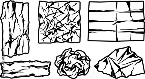 Black and white crumpled folded and wrinkled paper textures vector art