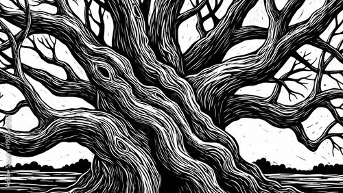 Linocut-style illustration of an old, branching tree.
