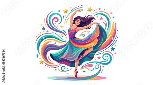 A stylized vector illustration celebrates International Dance Day with a dancing woman in a vibrant, flowing dress, surrounded by colorful swirls and stars, set against a clean white