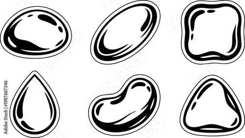 Black and white glossy abstract shapes vector art set with rounded and geometric forms