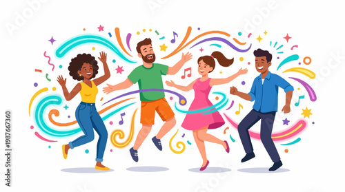 A diverse group of vector characters celebrate International Dance Day, joyfully dancing with ornate artistic flair against a white backdrop with colorful confetti, conveying a vibrant
