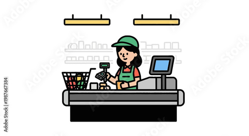 Supermarket Cashier Woman Working at Checkout Counter Illustration