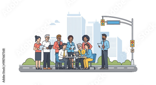 Diverse People Waiting City Street.