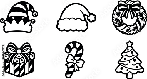 Black and white christmas icons including santa hat wreath candy cane and gift box vector art