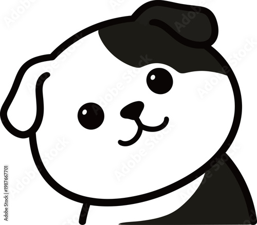 Black and white cartoon illustration of a cute dog with a patch of black fur on its head and ear