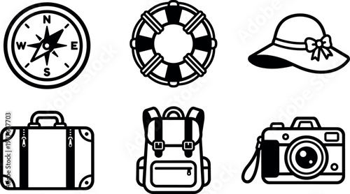 Black and white vector art travel icons compass lifebuoy hat suitcase backpack camera