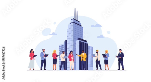 People standing in front building.