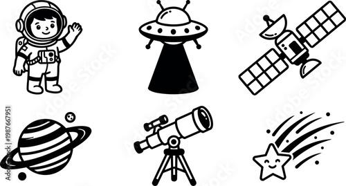 Black and white space icons astronaut ufo satellite planet telescope comet vector art