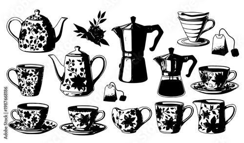 Tea coffee floral collection vector teapot cup beverage decorative design