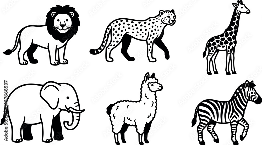 Fototapeta premium Black and white line art safari animals lion cheetah giraffe elephant llama zebra