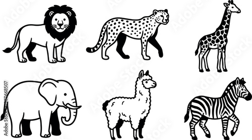 Black and white line art safari animals lion cheetah giraffe elephant llama zebra