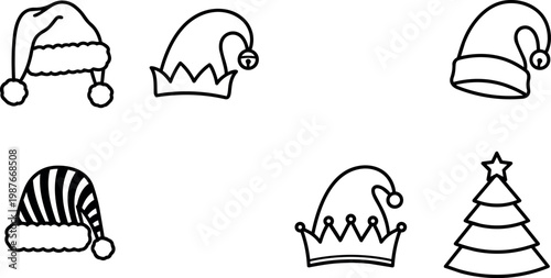 Black and white line art christmas hats with tree outline vector illustration