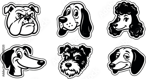 Black and white cartoon dog faces with varied expressions vector art