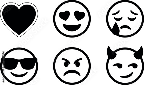 Black and white emoji faces heart love cry angry devil sunglasses smile vector art