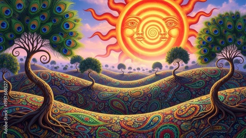 Surreal psychedelic landscape with a sun-face and paisley patterns.
