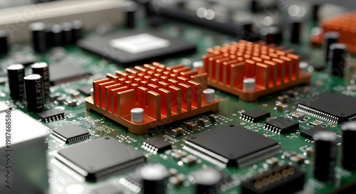 Modern Electronic Circuit Board with Heatsinks and Microchips for Advanced Technology