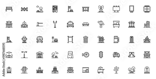 City scape icon set. Urban vector icons pack. Minimalist cityscape symbols including bench, bicycle, bus stop, traffic light, restaurant, hospital and more. Editable stroke.