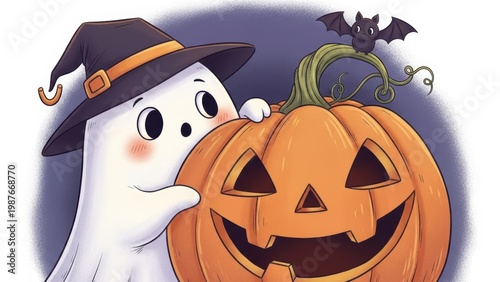 Cute ghost and bat with a Halloween pumpkin.