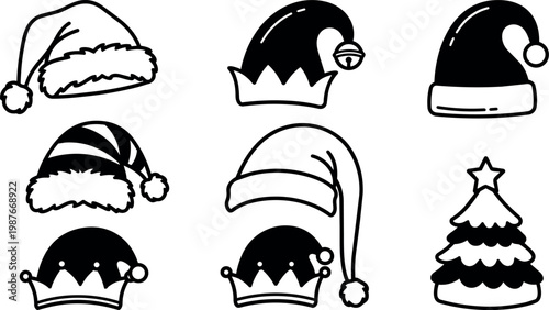 Black and white christmas hats and tree line art vector illustration