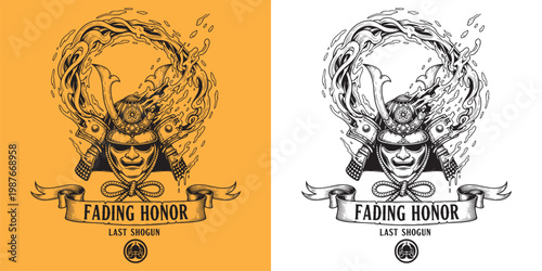 Samurai Kabuto Mask with Smoke Aura Fading Honor Illustration