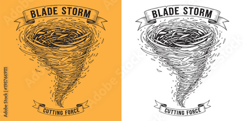 Blade Storm Tornado with Sharp Shards and Cutting Force Banner Engraving Style