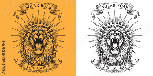 Solar Roar King Ascent Lion Head with Sunburst Rays Majestic Illustration