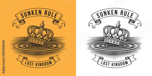 Sunken Rule Lost Kingdom Royal Crown Sinking in Water Illustration