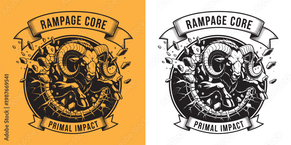 Obraz premium Rampage Core Primal Impact Ram Charging Through Brick Wall Design
