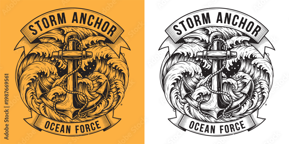 Fototapeta premium Storm Anchor Ocean Force Nautical Maritime Waves Woodcut Illustration