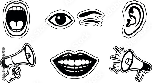 Black and white vocal communication icons with mouth ear eye megaphone vector art
